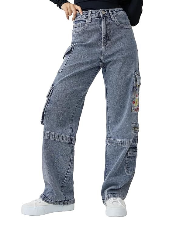  Light Blue Embroidered Cargo Jeans