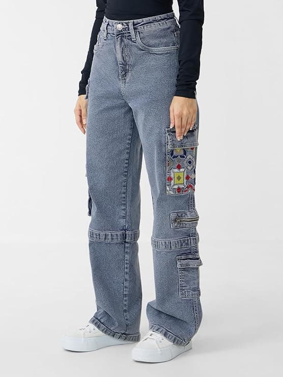 Light Blue Embroidered Cargo Jeans