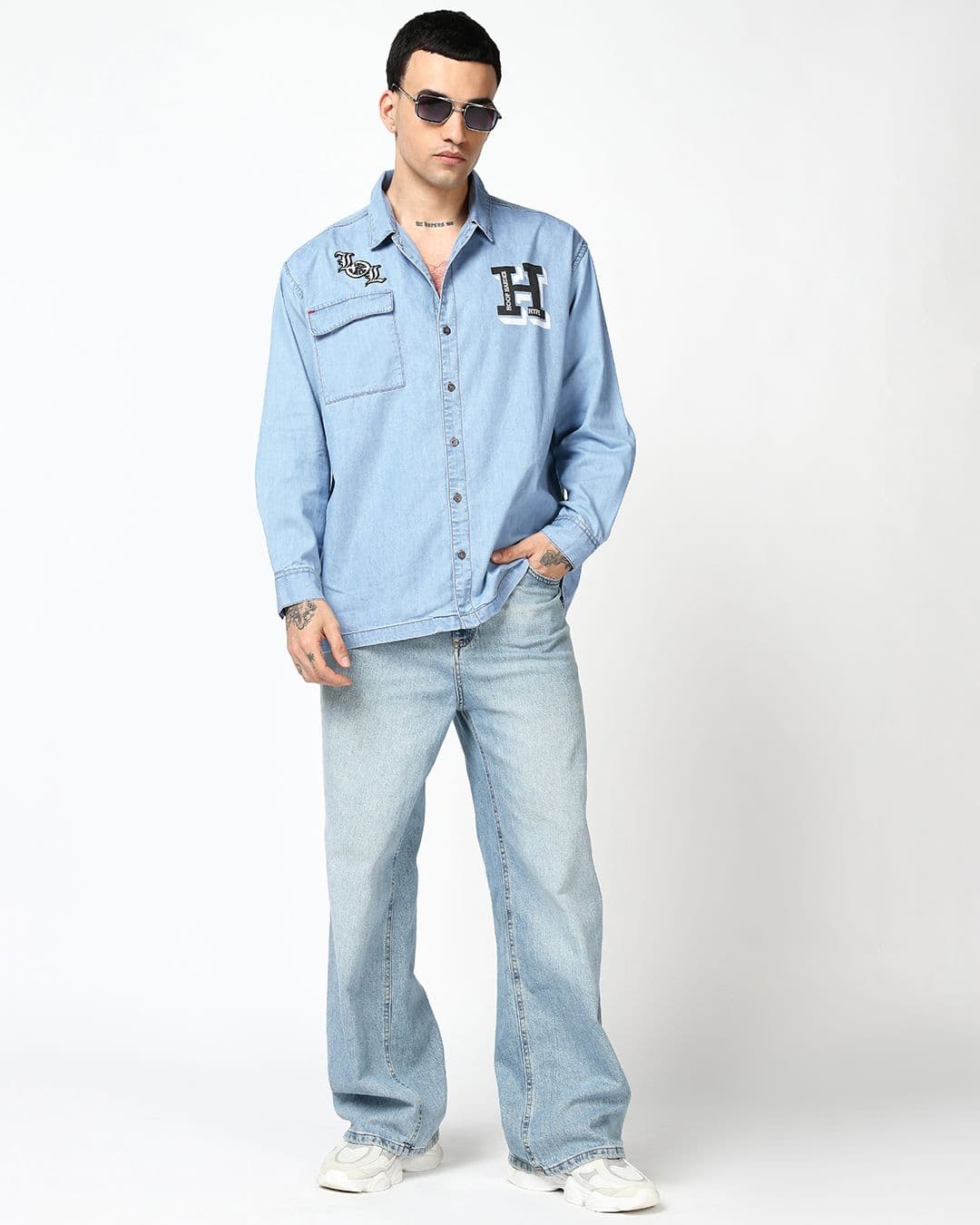 Men's Ice Blue Typography Oversized Denim Jacket
