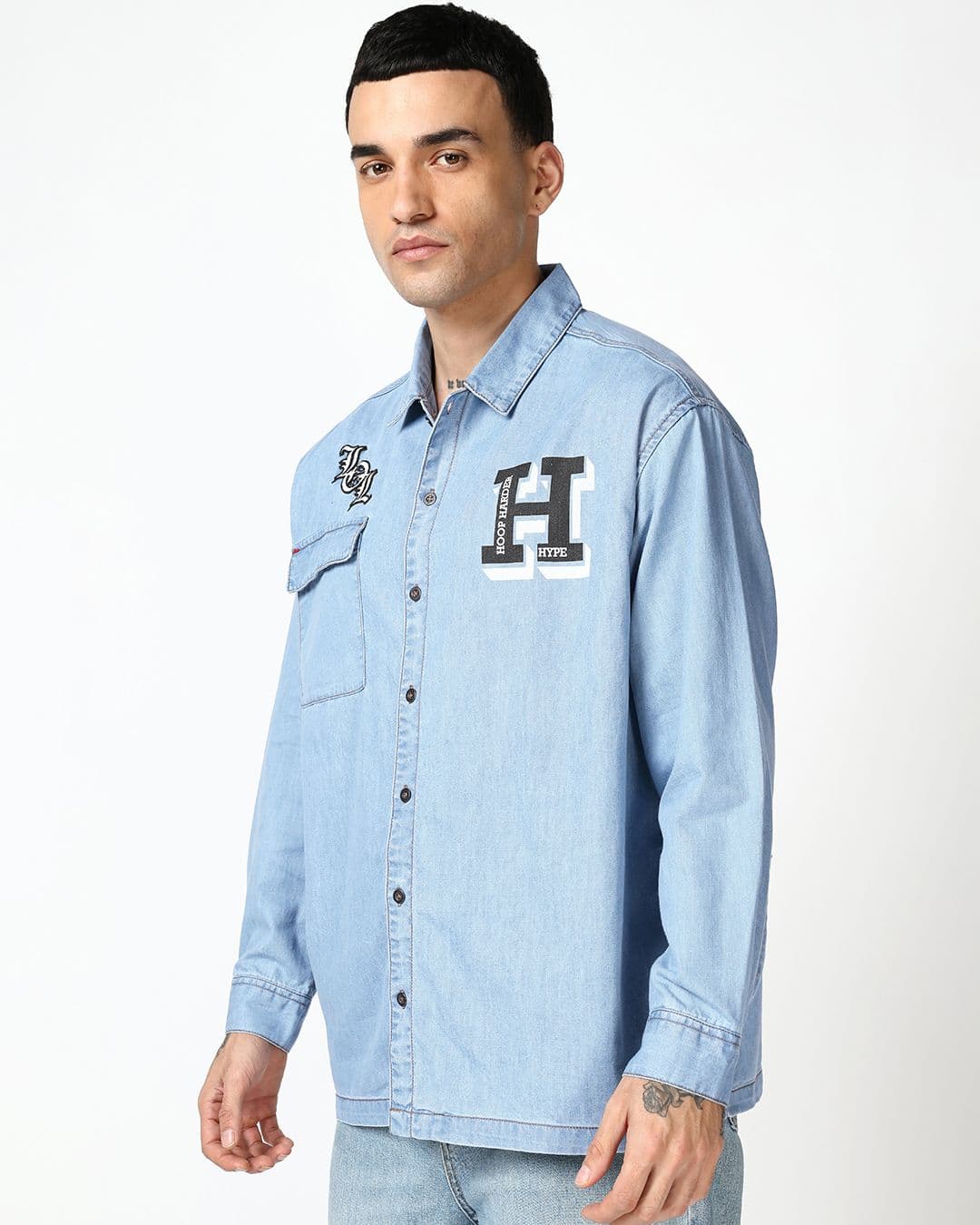 Men's Ice Blue Typography Oversized Denim Jacket